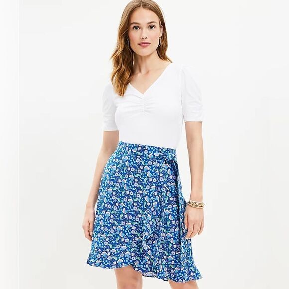 LOFT Dresses & Skirts - Loft Ann Taylor Floral Ruffle Linen Blend Wrap Skirt Blue Calico Back Zip Sz 14
